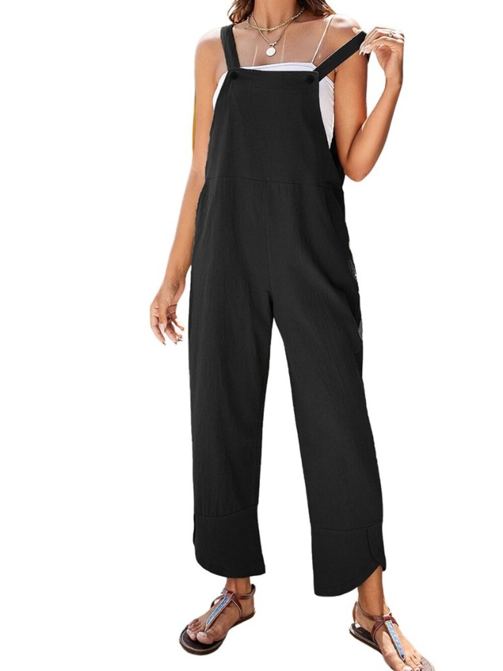 Women Summer Sleeveless Cotton Linen Bib Overalls Tulip Baggy Capri Jumpsuits